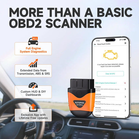 Bluetooth OBD2 Scanner For Cars Read And Clear Engine Codes with Live Data shown with app interface inside a car.