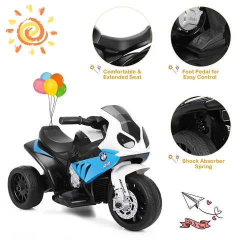 BMW Licensed 6V Ride On Motorcycle For Kids With Music, Foot Pedal Acceleration, Front Headlight, Leather Seat Cushion, 3 Wheel Battery Powered Tricycle Toy, Safe Metal Frame, Sapphire Color with seat and shock absorber details