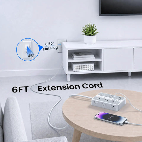 Chill And Charge While This Rock Solid Six Foot Surge Protector Power Strip Handles Twelve AC Outlets And Six Fast USB Ports For Laptops Phones And Daily Tech with flat plug design