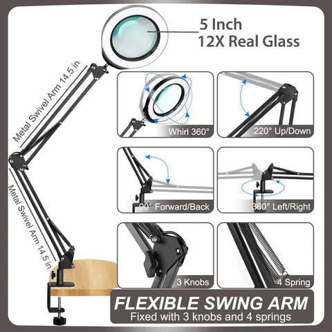 12X 5 Inch Real Glass Magnifying Glass With LED Light And Stand showing swivel arm adjustments and clamp, detailed view