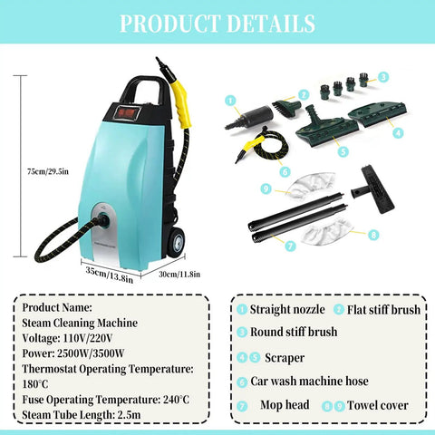 Heavy Duty Industrial Steam Cleaner For Home And Car Use with accessories, measuring 75cm tall and 35cm wide.