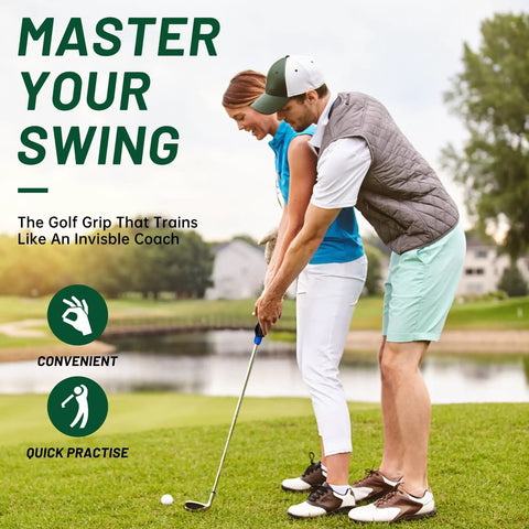 Man assisting woman with golf club on course using 2 Pack Golf Grip Trainer Set For Right Hand, Your Game Changer Golf Training Aid
