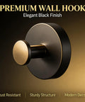 Heavy Duty Bathroom Wall Hook With Adhesive Or Screw Mount Rock Solid Rust Proof Metal Coat Rack shown in elegant black finish.
