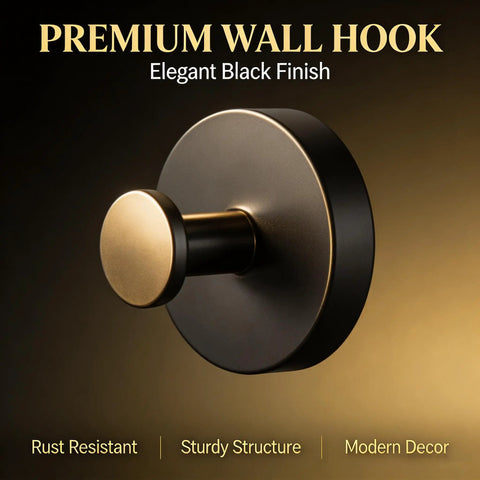 Heavy Duty Bathroom Wall Hook With Adhesive Or Screw Mount Rock Solid Rust Proof Metal Coat Rack shown in elegant black finish.