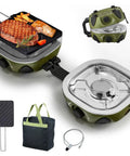 Dual Burner Portable Camping Stove With 20K BTU, foldable propane cooker, frying pan, carry handle, bag, ideal for outdoor grilling
