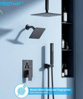 Matte Black Shower System With Push Button Diverter Easy Install Three Mode Rainfall Ceiling Mount 10 Inch Shower Head 6 Inch Wall Mount Handheld Combo Dual Valve Kit For Couples in modern bathroom setting