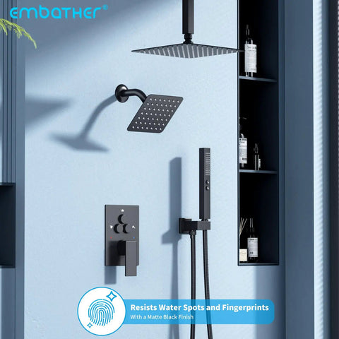 Matte Black Shower System With Push Button Diverter Easy Install Three Mode Rainfall Ceiling Mount 10 Inch Shower Head 6 Inch Wall Mount Handheld Combo Dual Valve Kit For Couples in modern bathroom setting