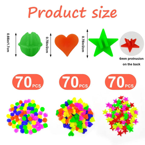 210 Pcs Bike Wheel Spokes Beads Set For Kids with sizes of star, heart, ball shapes in assorted colors and product count.