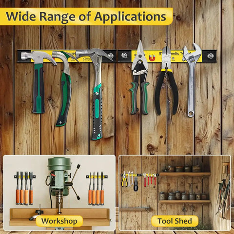8 Inch Magnetic Tool Holder Strips Set Of 4 Heavy Duty Magnetic Bars for garage wall organization with tools hanging.
