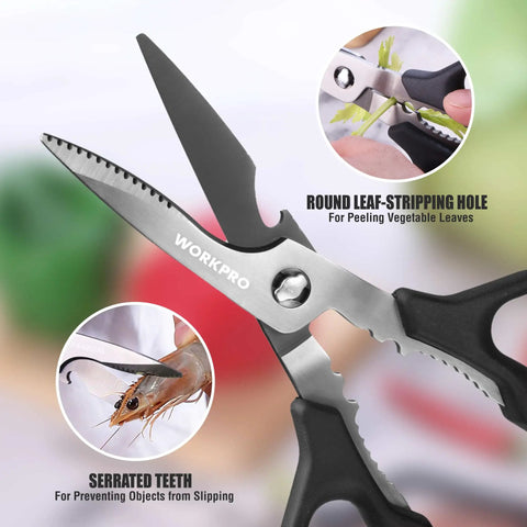 Titanium Coated Kitchen Scissors All Purpose Kitchen Shears Stainless Steel Sharp Durable And Easy To Clean For Food Prep Perfect For Cutting Meat Veggies Packaging And More. Close-up stainless steel kitchen shears with serrated teeth