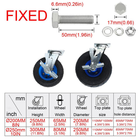 Two Pack Heavy Duty Swivel Caster Wheels With Locking Brakes, 200mm rubber tires with detailed specifications.