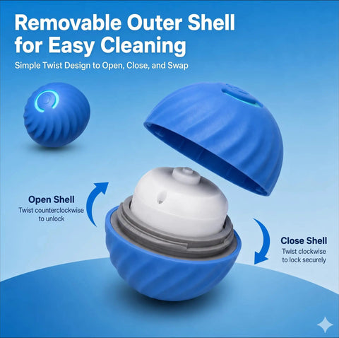 Automatic Rolling Treat Dispenser Ball For Dogs And Cats Interactive Smart Puzzle Feeder showing removable blue outer shell for easy cleaning.