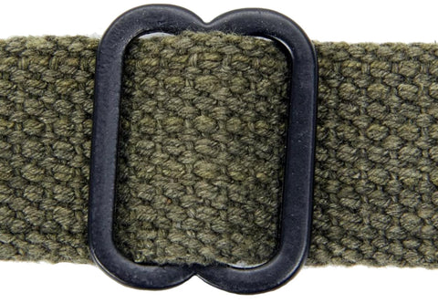 US WWII M1 Carbine Web Sling 1 Inch Canvas Rifle Sling OD Green Reproduction close-up of durable webbing and steel end tab