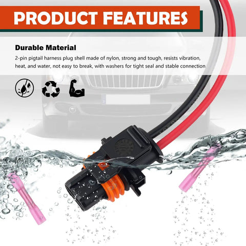 Alternator Pigtail Harness With Terminals 2 Pin Plug OEM 25877026 in water, nylon shell, copper wires visible