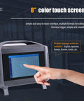 Person using 8-inch color touch screen interface on industrial device.