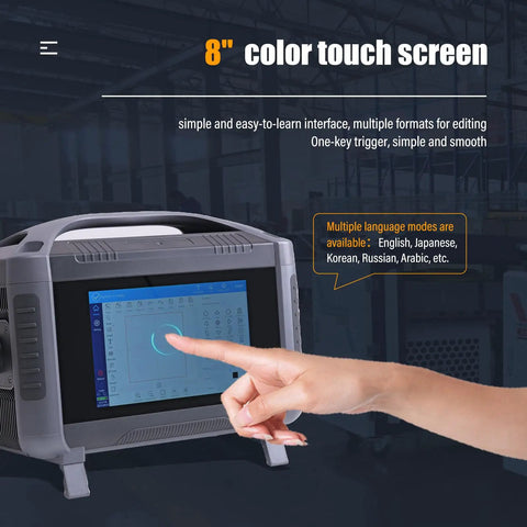 Person using 8-inch color touch screen interface on industrial device.