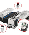 5 Way 3 Position Pneumatic Solenoid Valve With 4V230C08, DC12V Coil, PT1/4 Ports, manifold base, muffler, quick fittings detail
