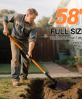 Man using Heavy Duty Trench Shovel With Fiberglass Handle 58 Inch Length High Carbon Steel Blade For Quick Trenching