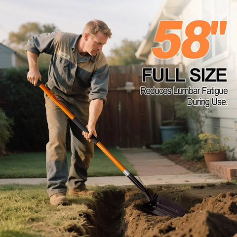 Man using Heavy Duty Trench Shovel With Fiberglass Handle 58 Inch Length High Carbon Steel Blade For Quick Trenching