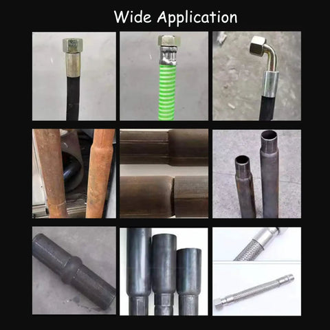 IntsuPimai 4Kw Electric Hydraulic Hose Crimper With 14 Dies For 0 2 To 4 Inch Tube Swaging showcasing various hose types and fittings.
