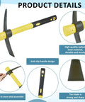 Close-up of 4 Piece 15 Inch Mattock Hoe Set With Manganese Steel Mini Pickaxe and Lightweight Plastic Handle, showing handle and blade details.