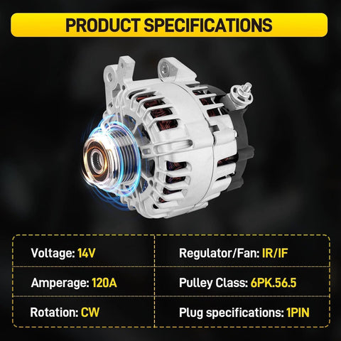 120A High Output Alternator Plug-And-Play Replacement For Nissan Rogue X-Trail 2014-2020, side view showing fan and pulley