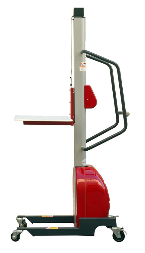 Heavy Duty Electric Lift Work Positioner Truck With 330 Lbs Capacity And 59 Inch Platform Rise side view showcasing steel build and push button control.