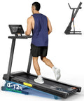 Compact Under Desk Walking Treadmill With Foldable Handlebar, Space Saving Home Gym Rig, Easy Setup Office Fitness Pad in use with incline.
