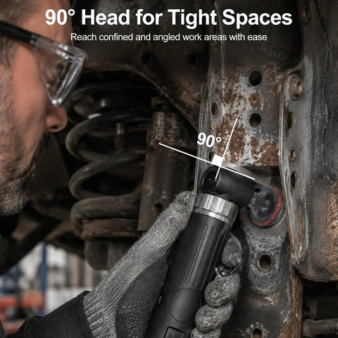 Heavy Duty Right Angle Air Die Grinder Kit 37 Piece Set With 1 4 And 1 8 Inch Collets Compact 90 Degree Head used in tight spaces.