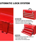 20.5 Inch Portable Steel Tool Box With Top Box And Three Drawers Red Powder Coat Finish with automatic lock system