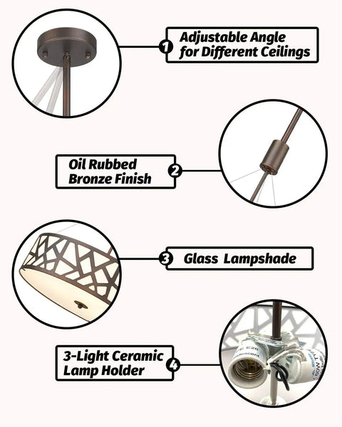 Go To Farmhouse Drum Pendant Light 3 Light Chandelier 18 Inch oil-rubbed bronze finish with glass and ceramic details.