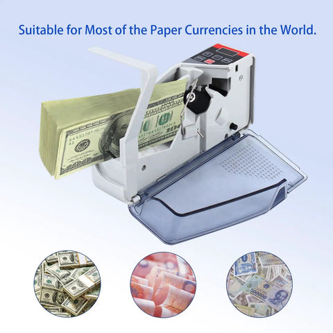 Ultra Portable Money Counter Mini Bill Cash Counting Machine Handy For On The Go Multi Currency With UV Verification And 600 Bills Per Minute Fast Count in action with various currencies