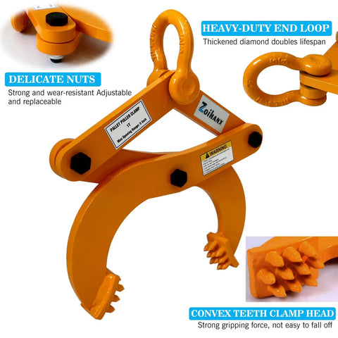 Heavy Duty Pallet Puller 1 Ton Capacity With 6 Inch Jaw Opening Rugged Pallet Clamp For Lifting Stump And Shrub Pulling Industrial Grade Steel Easy Grip Trusted Performance, orange steel clamp with toothed jaw