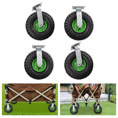 Killer 10 Inch Pneumatic Casters Set Of 4 Heavy Duty Air Tire Rubber Wheels with green rims and silver brackets for dollies.