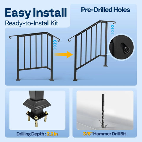 2 Pack Galvanized Steel Hand Rails For Outdoor Steps With 27.1 Inch Curved Ends And Safety Balusters Exterior Railing Kit