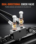 Dual-directional check valve with flexible extension and retraction for hydraulic hoses on a Cat 1-1 hydraulic top link for tractors.