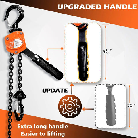 Mini Lever Chain Hoist Half Ton Lift Capacity Up To 1100 Lbs With 20 Ft Chain, ratchet puller hoist with upgraded handle design.