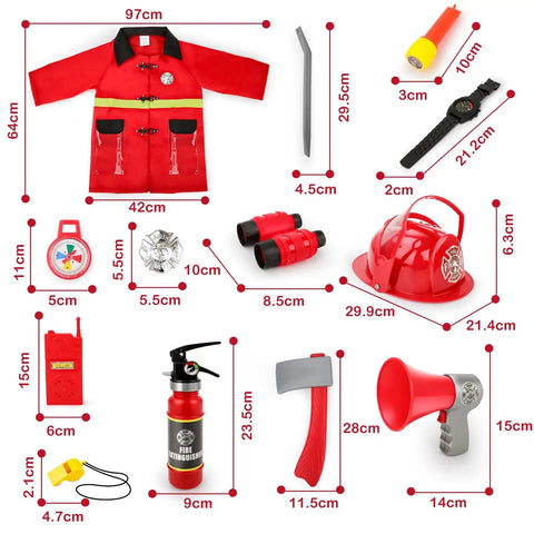 Kid Friendly Firefighter Dress Up Costume Set With 13 Pieces Pretend Play Gear Including Helmet Extinguisher Walkie Talkie Bullhorn Axe Pry Bar Badge And More For Boys And Girls displayed