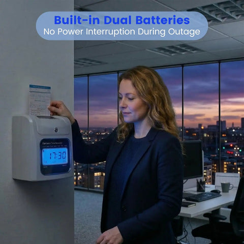 Plug And Play Crew Attendance Clock Featuring Auto Align Punch System With Fifty Standard Cards Dual Tone Inking Backlit Interface Zero Hassle Setup Top Tier Gear For Bosses Running Fast Growing Operations being used by woman in office.