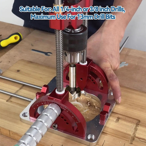 Portable Drill Guide For Dead Nuts Straight And Angled Holes Up To Sixty Degrees Sharp As A Tack Precision Angle Stand with drill in use
