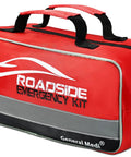 Front view of red General Medi roadside emergency kit bag with gray stripe and carrying handles