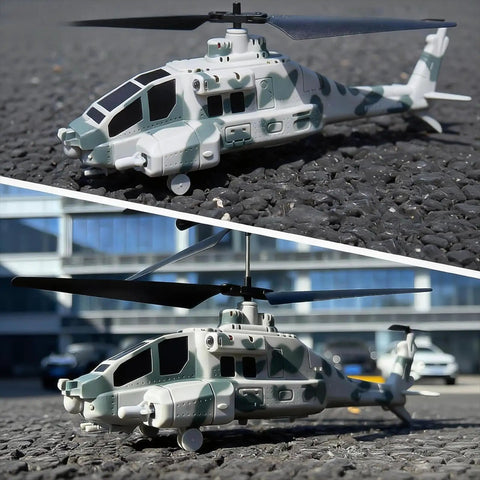 Camouflage RC Helicopter With Military Look, 2.4G 3.5CH, dual view showing missile launch feature and rotor details outdoors.