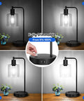 Four views of Two Pack Fully Stepless Dimmable Industrial Table Lamps with USB Ports and AC Outlet, showing dimming levels