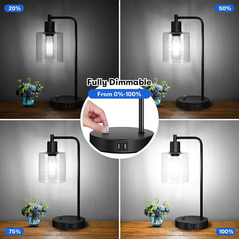 Four views of Two Pack Fully Stepless Dimmable Industrial Table Lamps with USB Ports and AC Outlet, showing dimming levels
