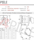 Schematic of 3 Position Latching Changeover Selector Switch Box 63A 440V with dimensions and terminal positions