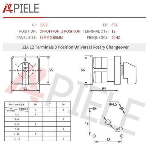 Schematic of 3 Position Latching Changeover Selector Switch Box 63A 440V with dimensions and terminal positions
