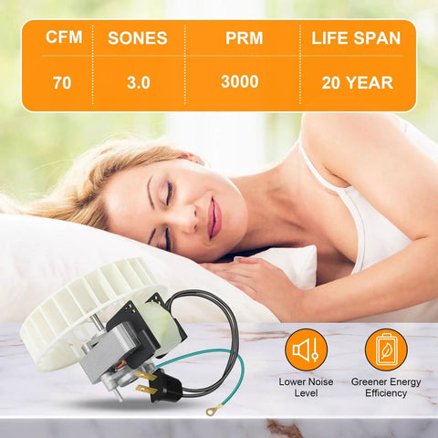 Bathroom Exhaust Fan Motor Replacement Kit With Blower Wheel For Models 665P 665RP 665RSP displayed on bed with sleeping woman