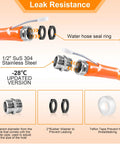 Ficstar 20ft heated RV water hose with 5/8 in ID and 3/4 in GHT adapter; view shows stainless fittings and seal rings.