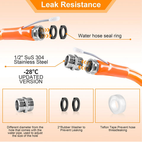 Ficstar 20ft heated RV water hose with 5/8 in ID and 3/4 in GHT adapter; view shows stainless fittings and seal rings.