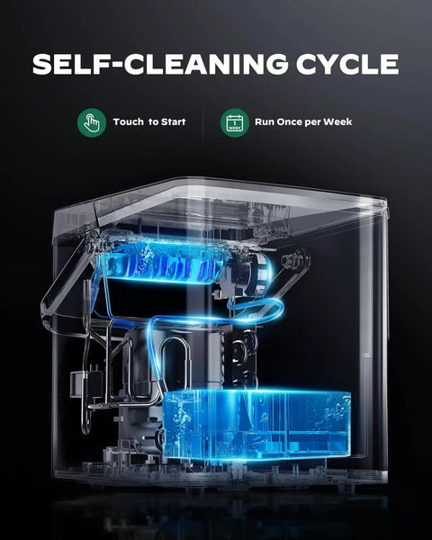 Countertop Ice Maker With Spring Loaded Expanding Ice Basket Holds 2.5L Of Ice And Up To 9 Cups Delivers 9 Cubes In About Six Minutes Two Ice Sizes Self Cleaning With LED Touch Control For Home Kitchen Or Office On Demand Ice showing self-cleaning cycle internal view